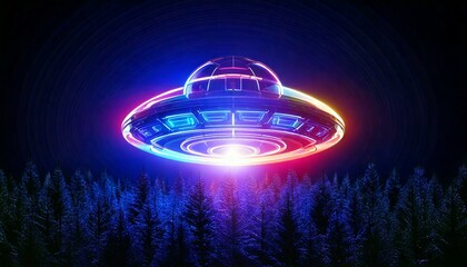 Abstract, high-resolution 3D glass UFO with Christmas lights hovering over a pine tree forest-like