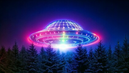 Abstract, high-resolution 3D glass UFO with Christmas lights hovering over a pine tree forest-like