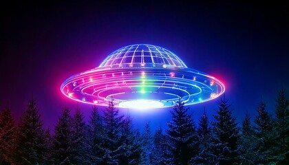Abstract, high-resolution 3D glass UFO with Christmas lights hovering over a pine tree forest-like