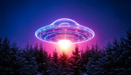 Abstract, high-resolution 3D glass UFO with Christmas lights hovering over a pine tree forest-like