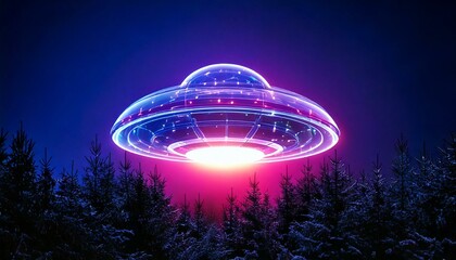 Abstract, high-resolution 3D glass UFO with Christmas lights hovering over a pine tree forest-like