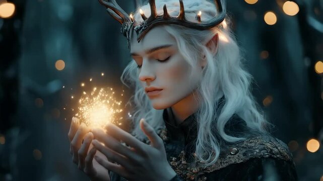 Woman with white hair holding magical sparkler in dark forest. Fantasy winter portrait of elf queen with crown. Mystical fairytale scene with bokeh lights