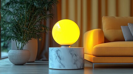 A modern lamp illuminates a living room featuring various elements