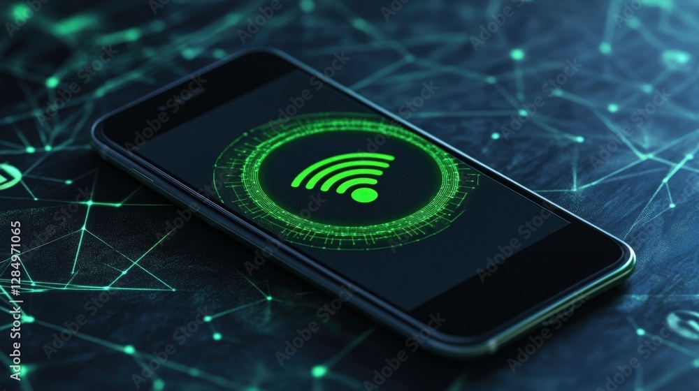 Poster mobile phone displaying green wifi symbol surrounded by digital graphic and lines forming network re