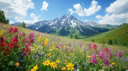 Obraz premium Colorful wildflowers blanket a mountain meadow on a sunny day
