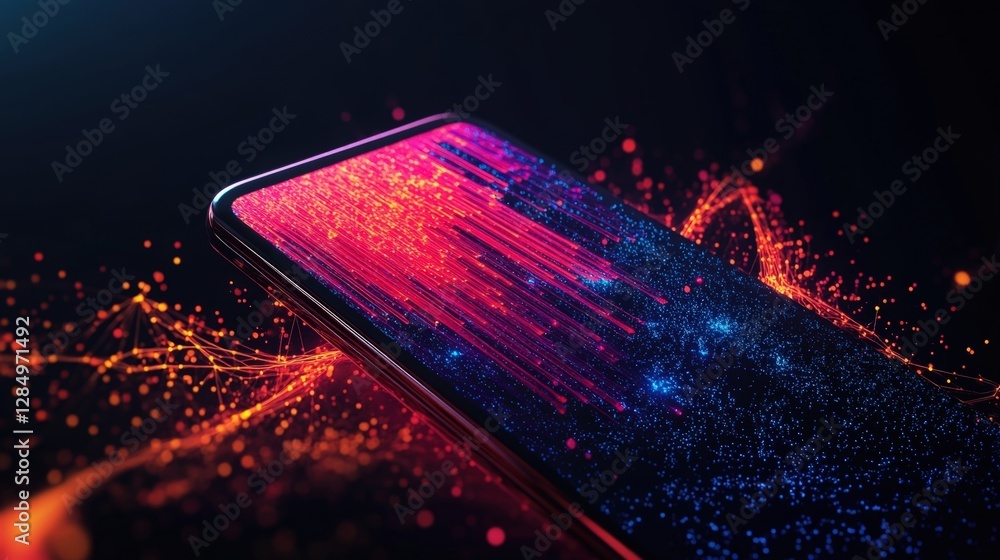 Poster futuristic smartphone is showing data flow with colorful particle trails, representing cyber securit