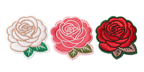 Three Different Style Embroidered Rose Patch Stickers on Transparent Background for Fashion, PNG Transparent