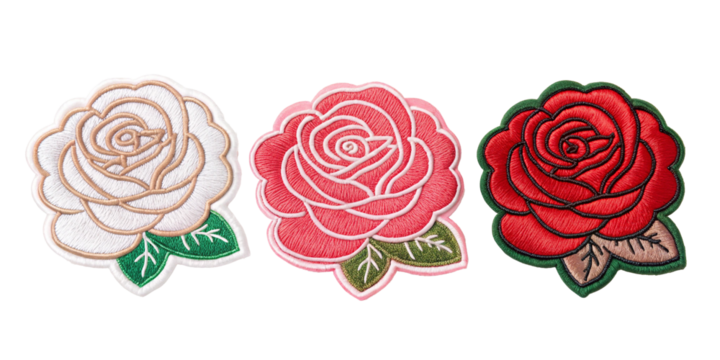 Three Different Style Embroidered Rose Patch Stickers on Transparent Background for Fashion, PNG Transparent