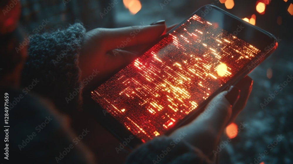 Poster woman is holding smartphone with glowing red binary code displayed on screen, suggesting concepts of
