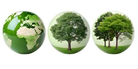 Three Different Style Ecology Concept Green Planet with Ear on Transparent Background, PNG Transparent