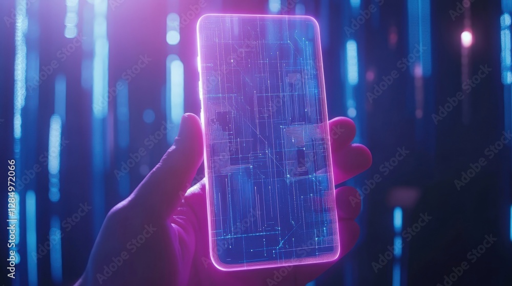 Poster hand holding a futuristic, transparent smartphone displaying a glowing circuit board pattern against