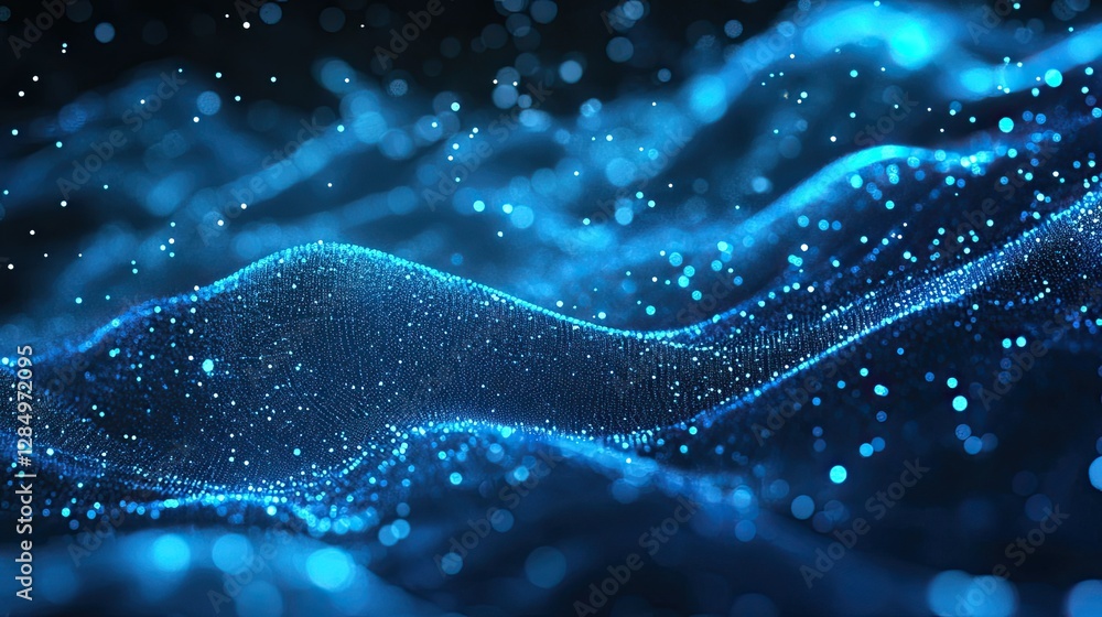 Poster flowing digital particles and lights in shades of blue, creating a sense of technological movement.