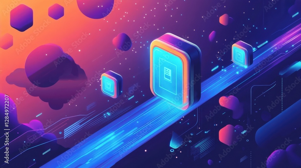 Poster secure data blocks are traveling on a futuristic highway in a colorful digital world, representing d