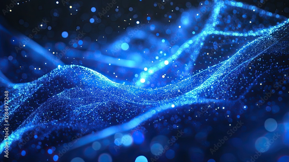 Poster flowing digital particles and lights in shades of blue, creating a sense of technological movement.