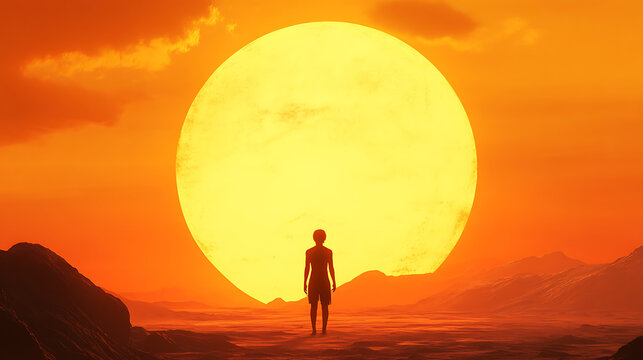 A person stands in front of a large orange sun