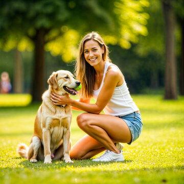 young woman with her dog in gardan