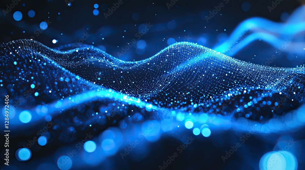 Poster flowing digital particles and lights in shades of blue, creating a sense of technological movement.
