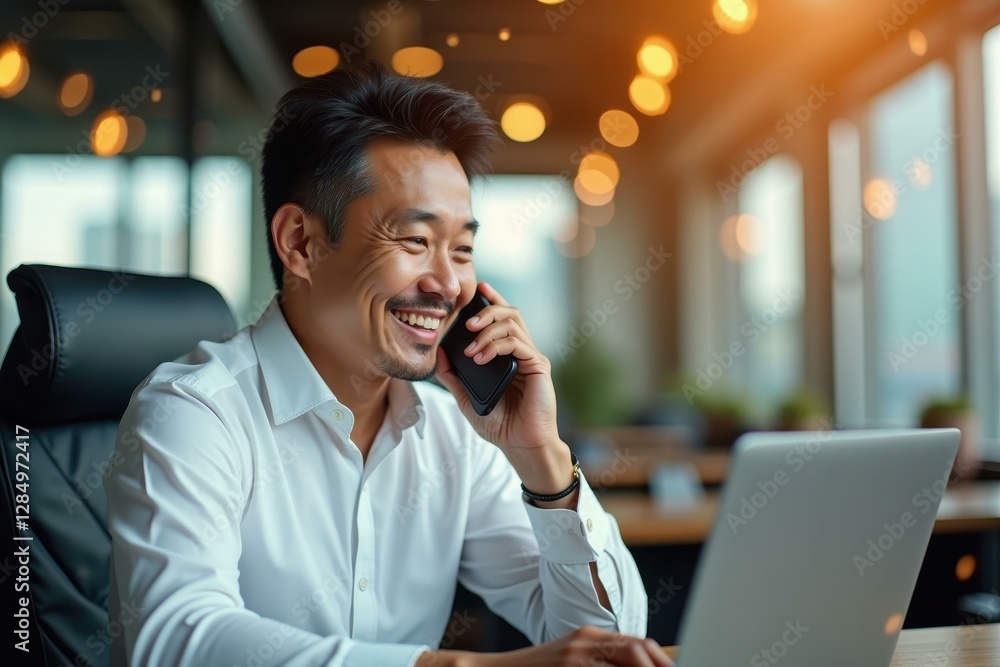 Aufkleber man is smiling while talking on phone while sitting in chair