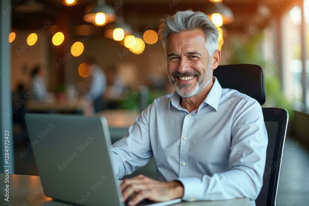 Aufkleber man is smiling while using his laptop at table