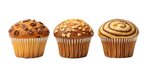 Three Different Style Muffins with Nuts on Transparent Background for Baking, PNG Transparent