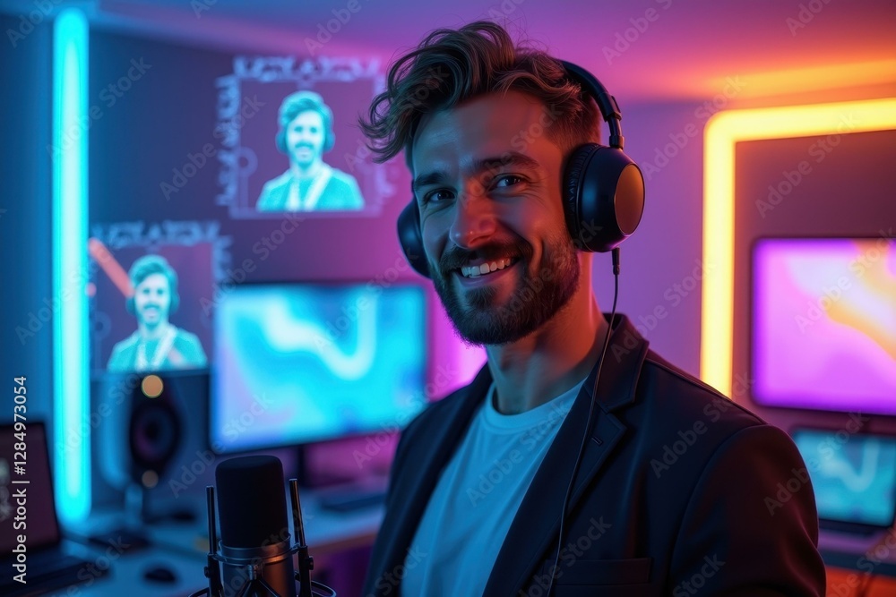 Poster man is wearing headphones and smiling while standing in front of microphone