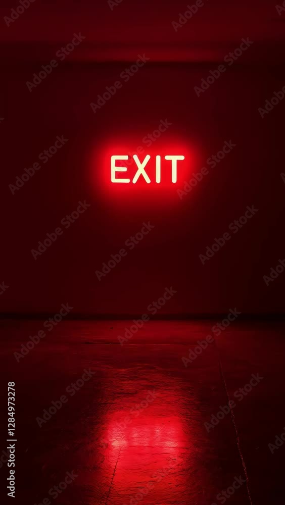 Poster red neon exit sign glowing in dark corridor with reflection on floor. emergency escape route lightin