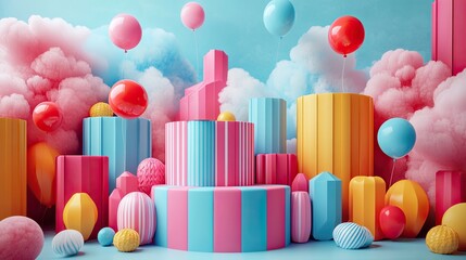 Colorful geometric shapes and balloons floating against a bright sky