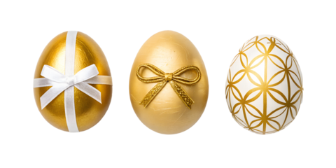 Three Different Style Golden Egg with Bow on Transparent Background, PNG Transparent