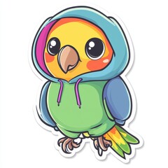 Obraz premium Sticker of a Cute cartoon bird wearing a colorful hoodie stands with a cheerful expression in a vibrant design