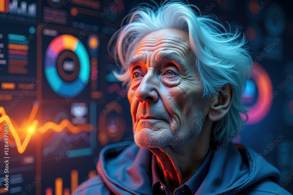 Poster old man is staring at screen with graphs on it