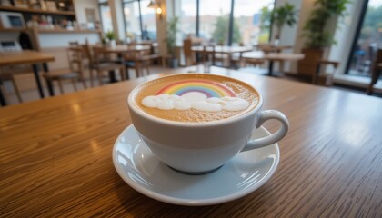 Rainbow Latte Art Coffee in Cozy Cafe Setting Wooden Table