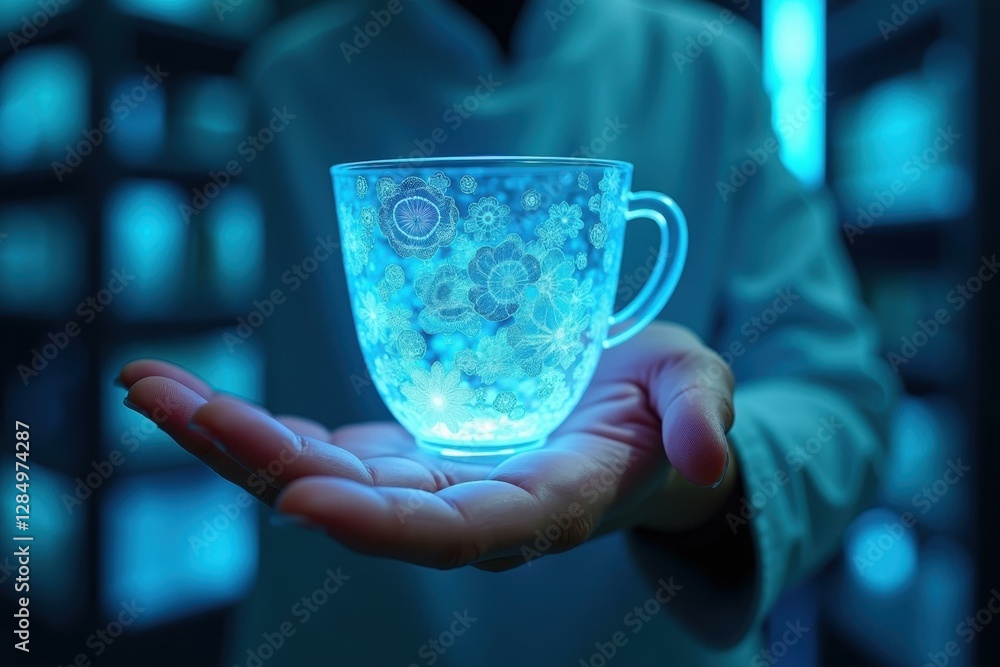 Poster glowing transparent glass cup with blue neon circuitry patterns floating above hand futuristic techn