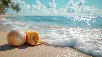Obraz premium Beach towel, sun sphere, ocean waves, tropical