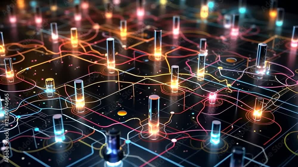 Poster futuristic digital network with glowing nodes and lines, viewed from a high-angle perspective, resem