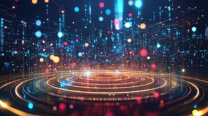 Futuristic circuit board glowing with technological abstract patterns, representing cutting-edge digital technology in dynamic designs. -