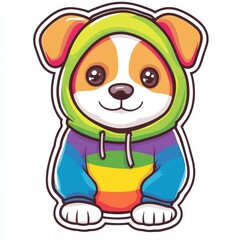 Obraz premium Sticker of a Cute dog wearing a colorful hoodie stands with a cheerful expression in a vibrant design