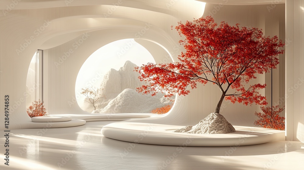 Aufkleber red leafed tree illuminated by light within an architectural space