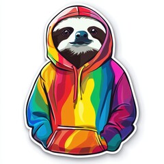 Fototapeta premium Sticker of a Cute cartoon sloth wearing a colorful hoodie stands with a cheerful expression in a vibrant design