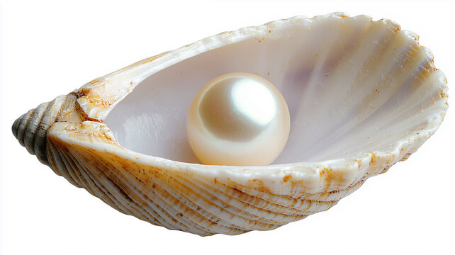 Pearl in seashell isolated on white background
