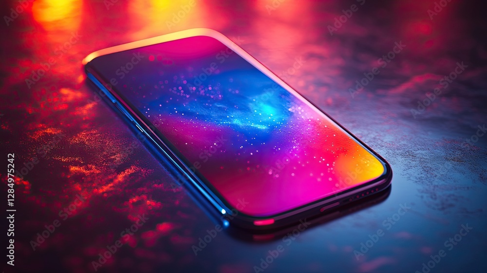 Poster a smartphone displaying a colorful nebula against a dark surface