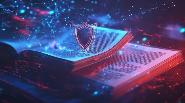 Open book emanates a soft, otherworldly glow, with pages filled with intricate text, while a holographic shield floats above, representing the safeguarding of information in the digital age
