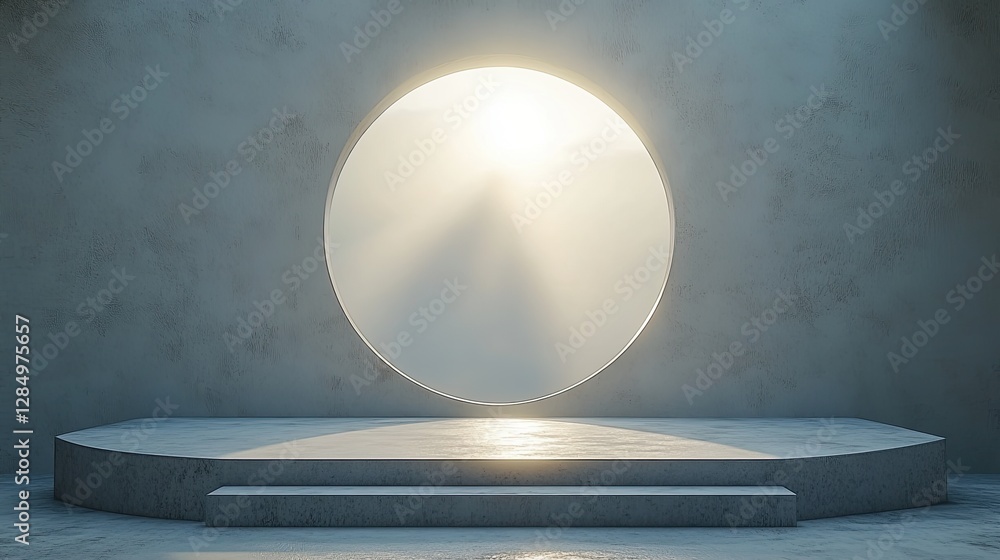 Poster light shines through a circular opening in a concrete wall