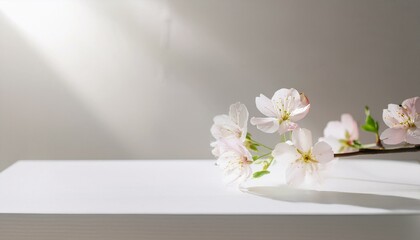 테이블 위에 벚꽃 한 송이가 놓여 있고, 봄 햇살이 테이블을 감싼다