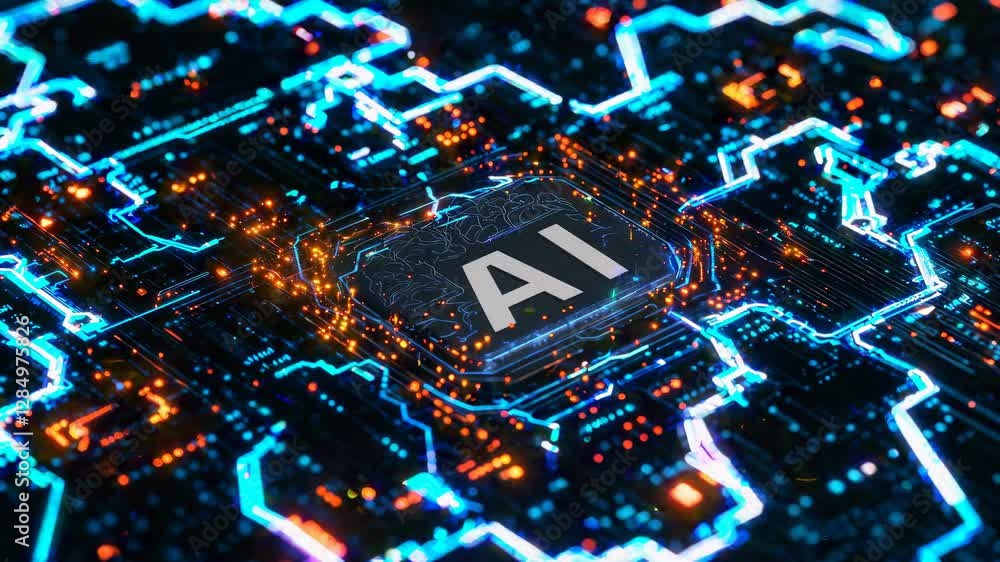 Poster futuristic ai circuit board from a top-down angle, glowing neon lights and intricate pathways, resem