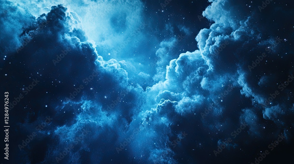 Poster futuristic digital clouds floating in dark space, symbolizing advanced technology, cloud storage, an