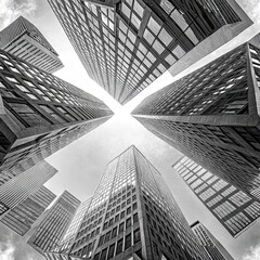 Fototapeta premium Dynamic Urban Architecture City Skyline Black and White Photography Modern Environment Upward View Seamless Pattern Concept