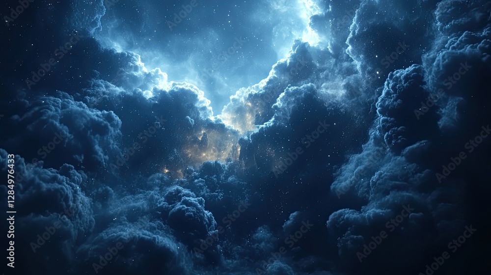 Poster futuristic digital clouds floating in dark space, symbolizing advanced technology, cloud storage, an