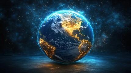A 3D Earth with luminous network connections, glowing across a dark textured backdrop, showcasing the vastness of global digital connectivity.