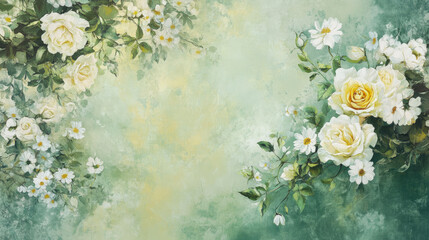 A serene floral background featuring soft yellow roses and white daisies on a textured green backdrop.