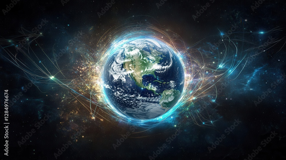 Poster a digital earth with luminous network lines surrounding it, overlaid on a dark background with a sub